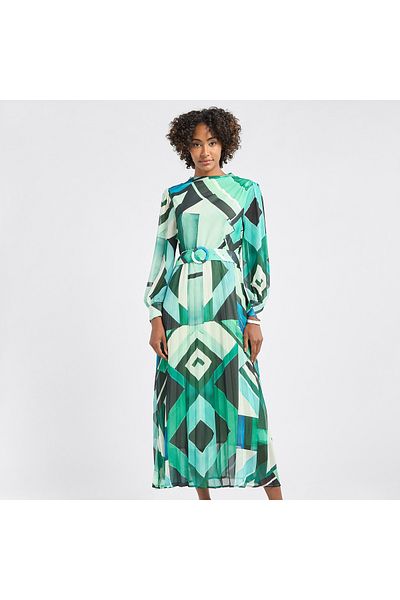 FAV Printed A-line Dress With Long Sleeves And Belt