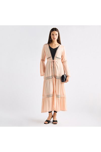 FAV Lace Detail Longline Tiered Shrug with Tie-Ups and Long Sleeves