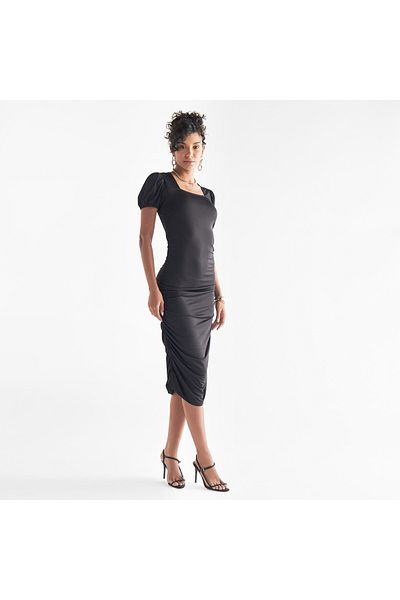 FAV Ruched Detail Midi Dress with Square Neck and Puff Sleeves