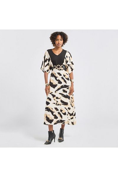 FAV Printed V-neck Midi Dress with Short Sleeves