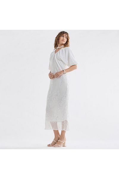FAV Sequinned Midi Dress with Short Puff Sleeves and V-neck