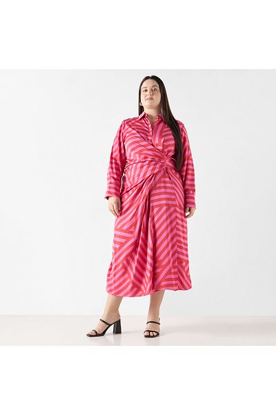 Ulla Popken Plus Size Ulla Popken Striped Shirt Dress with Long Sleeves and Drape Detail