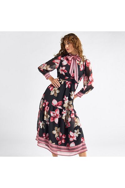 FAV All-Over Floral Print Shirt Dress with Tie-Ups and Long Sleeves
