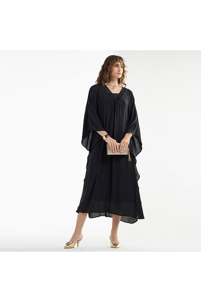 FAV Solid Midi Kaftan Dress with Long Sleeves and Lace Detail