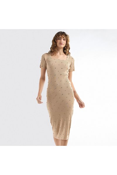 FAV Embellished Square Neck Bodycon Dress with Short Sleeves
