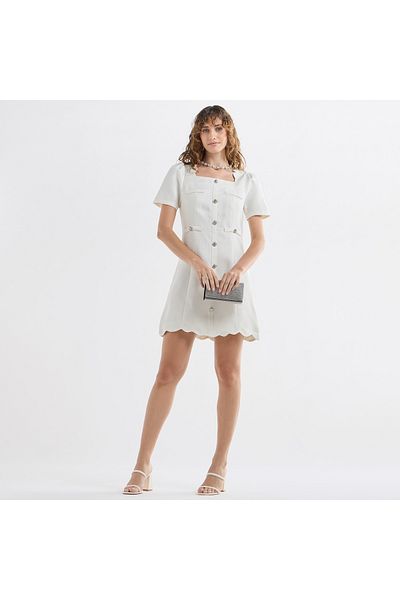 FAV Textured Scallop Hem Mini Dress with Short Sleeves and Square Neck