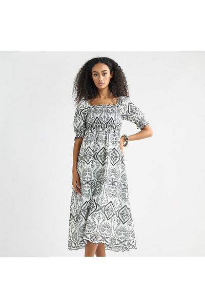 FAV Embroidered A-Line Midi Dress with Shirred Detail and Short Sleeves