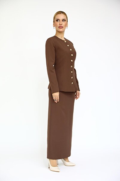 ÖNDER ÖZSOY Boydan Düğmeli Kemerli Ceket  & Uzun Kalem Etek Takım-Kestane