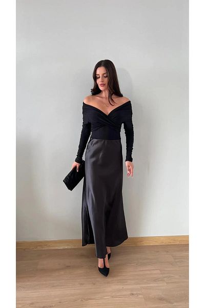 LUFES Fusta maxi din satin negru - lucioasa, Lycra si talie elastica LUFES