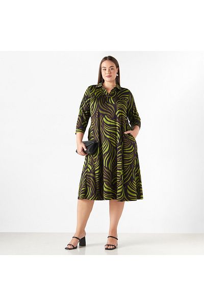 Ulla Popken Plus Size Ulla Popken Printed Midi Dress with Pockets