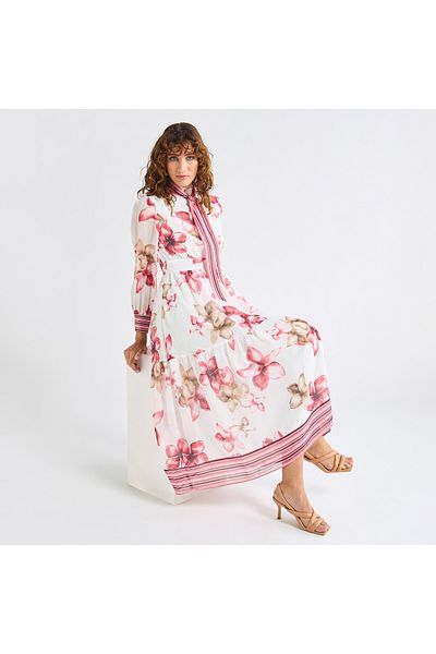 FAV All-Over Floral Print Shirt Dress with Tie-Ups and Long Sleeves