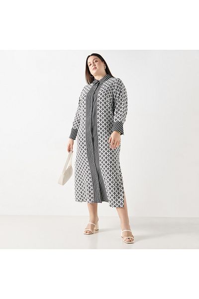Ulla Popken Plus Size Ulla Popken Geometric Print Shirt Dress with Long Sleeves