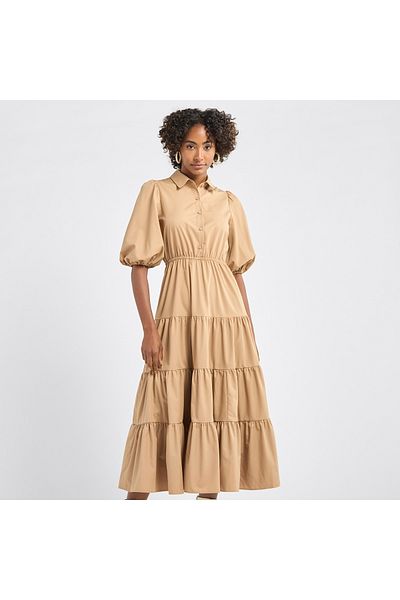 FAV Plain Tiered Shirt Dress with Puff Sleeves