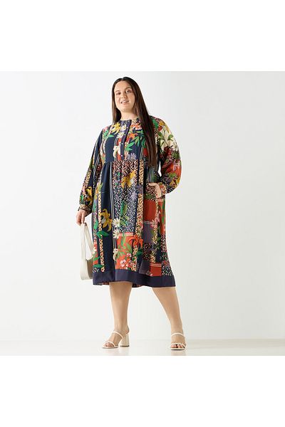 Ulla Popken Plus Size Ulla Popken All-Over Floral Print Midi Dress with Long Sleeves