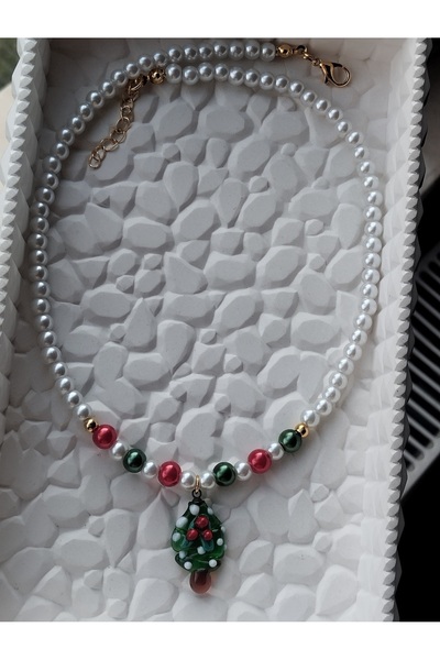 Amabel Jewelerys Yılbaşı Cam İnci ve Murano Çam Ağacı Detaylı Çocuk Kolye (He...