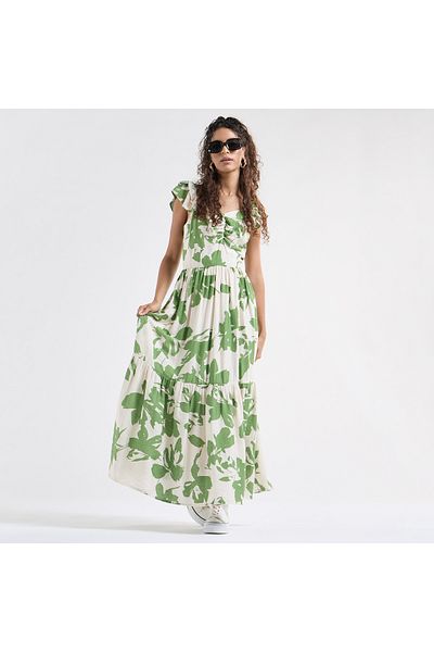 FAV Printed Maxi Dress with Sweetheart Neck and Ruffle Sleeves
