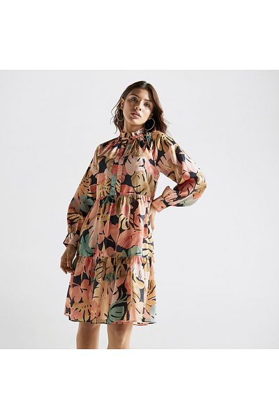 FAV All-Over Tropical Print High Neck Dress with Long Sleeves