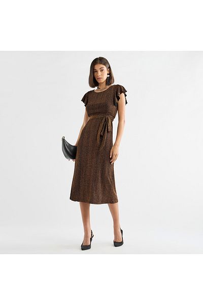 FAV Textured Midi Dress with Flutter Sleeves and Tie-Up Belt