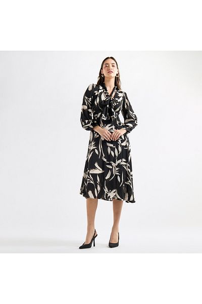 FAV Abstract Print Belted A-line Dress with Pussy Bow Neck and Long Sleeves