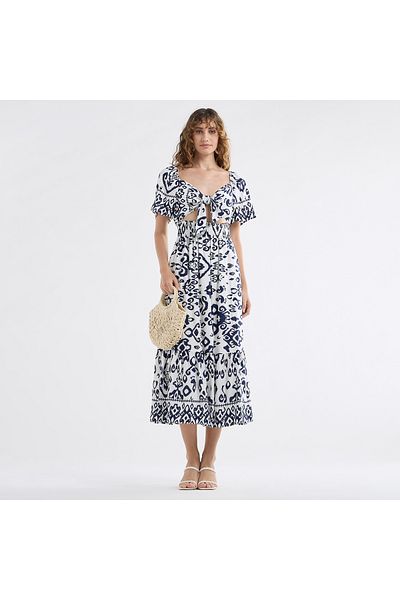 FAV All-Over Print Midi Dress with Sweetheart Neck and Cutout Detail