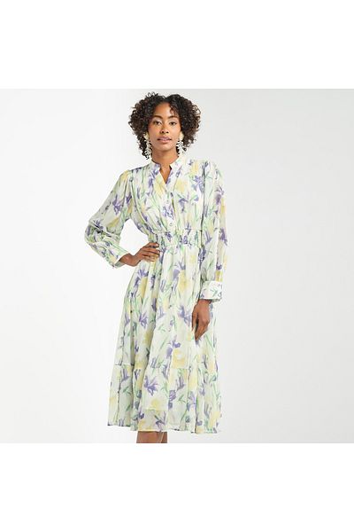FAV All-Over Floral Print Midi Shirt Dress with Shirred Detail and Long Sleeves