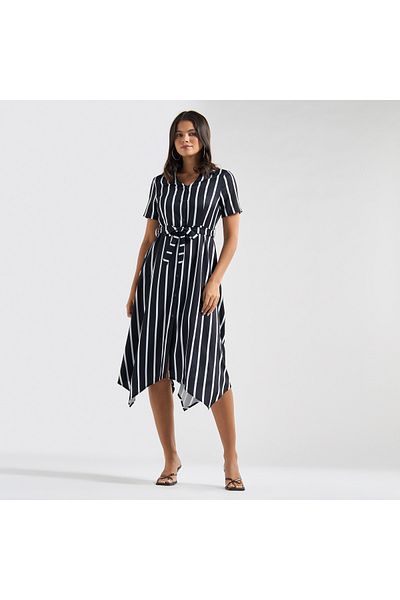 FAV Striped Asymmetric Hem Collared Midi Dress with Belt and Short Sleeves