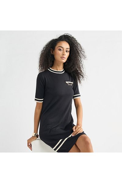 FAV Striped Metallic Chain Accent Shift Dress with Crew Neck and Short Sleeves