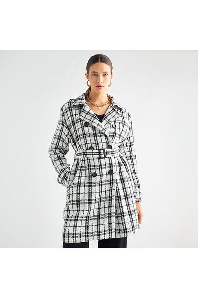 FAV Checked Trench Coat with Belt and Notch Lapel