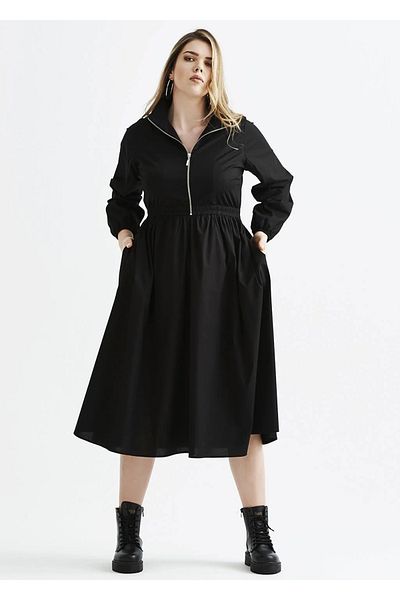 EVEN plus size فستان أسود طويل الأكمام من البوبلين مقاس كبير