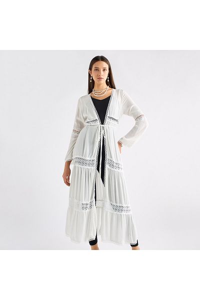 FAV Lace Detail Longline Tiered Shrug with Tie-Ups and Long Sleeves
