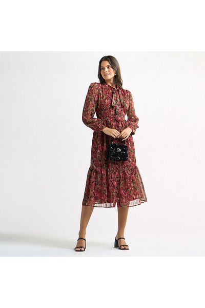 FAV All-Over Floral Print Tiered Dress with Bow Collar and Long Sleeves