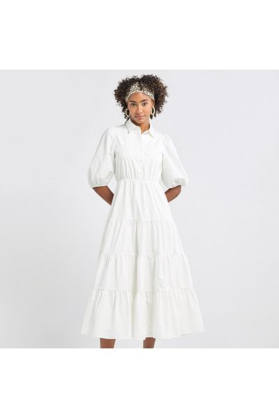 FAV Plain Tiered Shirt Dress with Puff Sleeves