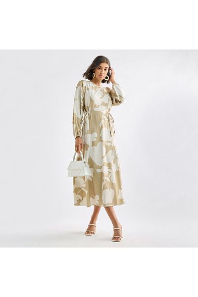 FAV Printed Dress with Long Sleeves and Tie-Ups