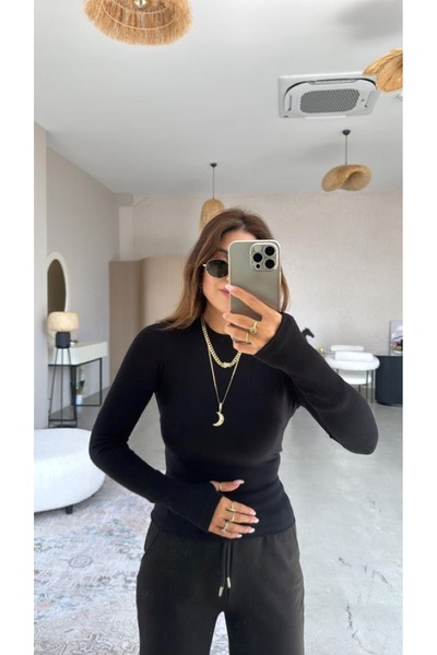 SEVENLINE Women's Crew Neck Finger Detailed Long Sleeve Blouse