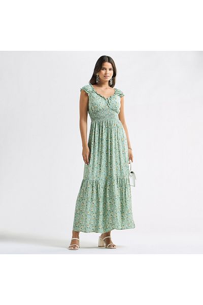FAV All-Over Print V-neck Tiered Dress with Cap Sleeves