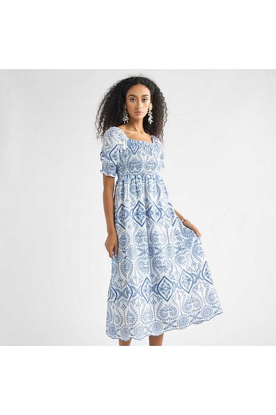 FAV Embroidered A-Line Midi Dress with Shirred Detail and Short Sleeves