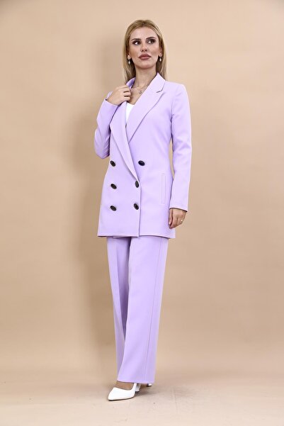 ÖNDER ÖZSOY Uzun Klasik Blazer Ceket & Bol Paça Pantolon Takım-Menekşe