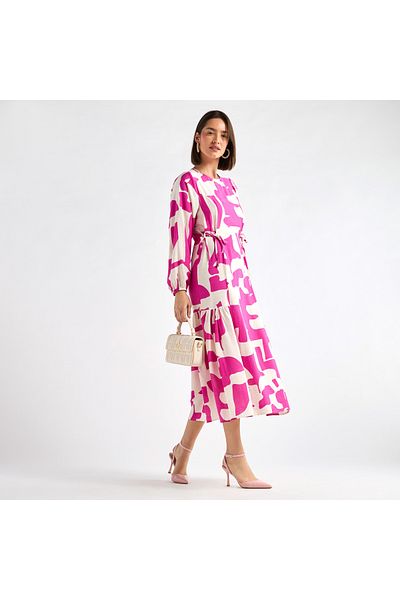 FAV Printed Dress with Long Sleeves and Tie-Ups