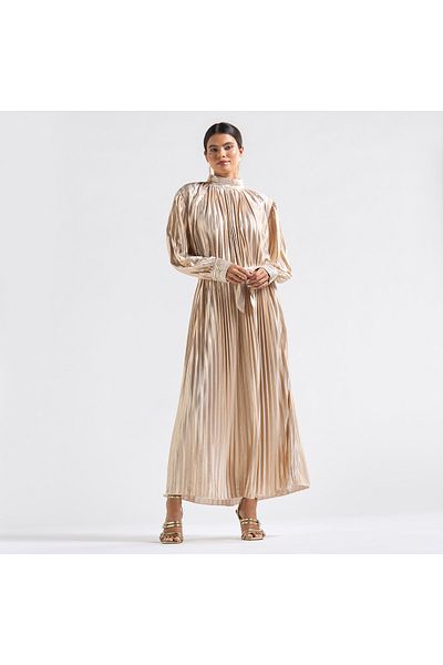 FAV Pleated High Neck A-line Dress with Long Sleeves and Tie-Up Belt