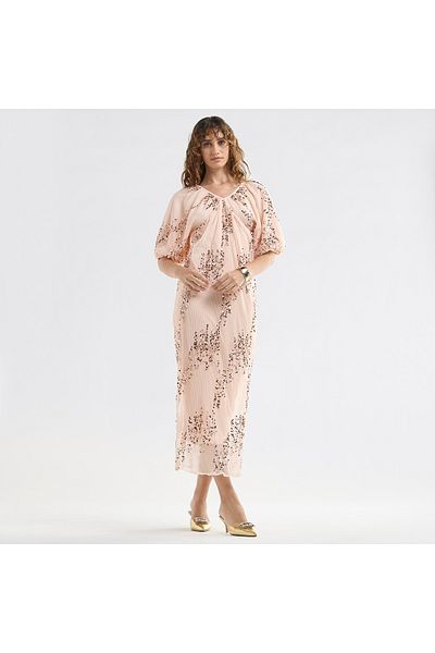 FAV Sequinned Midi Dress with Short Puff Sleeves and V-neck