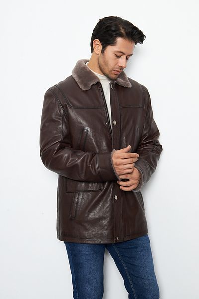 By Marki Marki Men's Brown Vintage Leather Coat - Genuine Leather, Fur Lining, Zippered and Snap Fastener