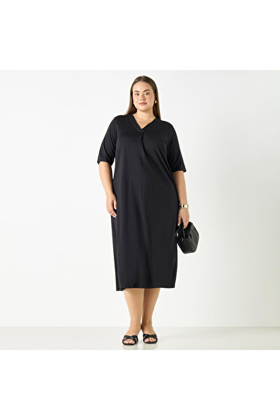 Ulla Popken Plus Size Ulla Popken V-neck Dress with Short Sleeves and Pockets