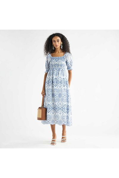 FAV Embroidered A-Line Midi Dress with Shirred Detail and Short Sleeves