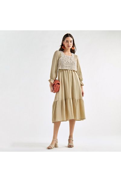 FAV Panelled A-line Dress with Square Neck and Bell Sleeves