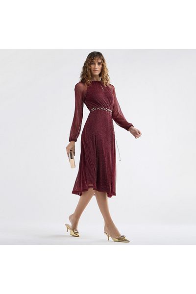 FAV Textured A-line Dress with Keyhole Neck and Long Sleeves