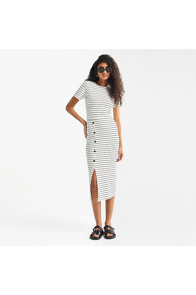 FAV Striped Midi Dress with Round Neck and Slit Detail