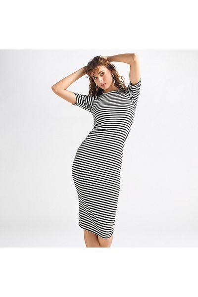 FAV Striped Bodycon Dress with Round Neck and Short Sleeves