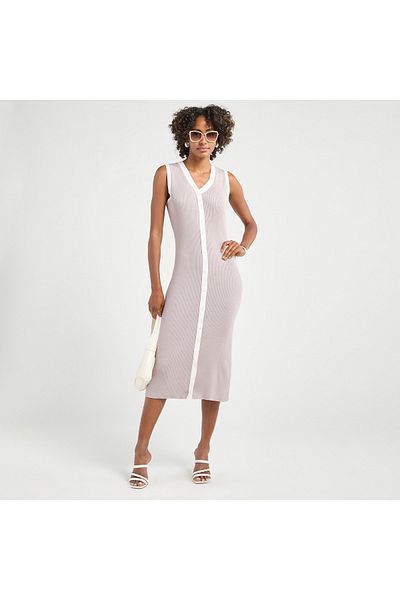 FAV Ribbed Sleeveless Button Down Dress with V-neck