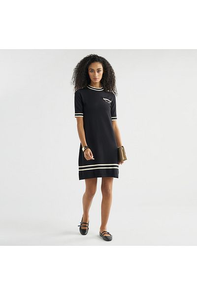 FAV Striped Metallic Chain Accent Shift Dress with Crew Neck and Short Sleeves