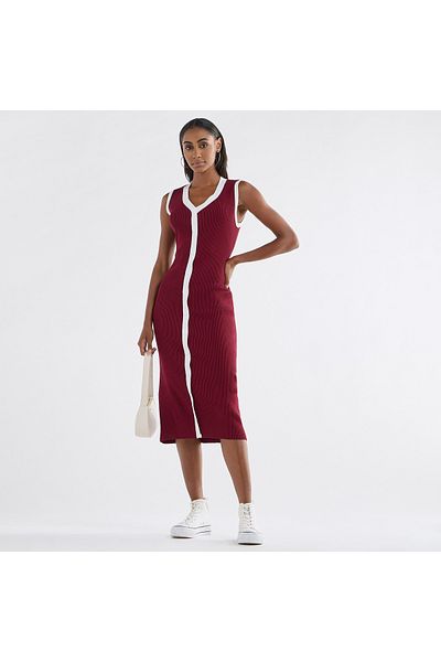 FAV Ribbed Sleeveless Button Down Dress with V-neck